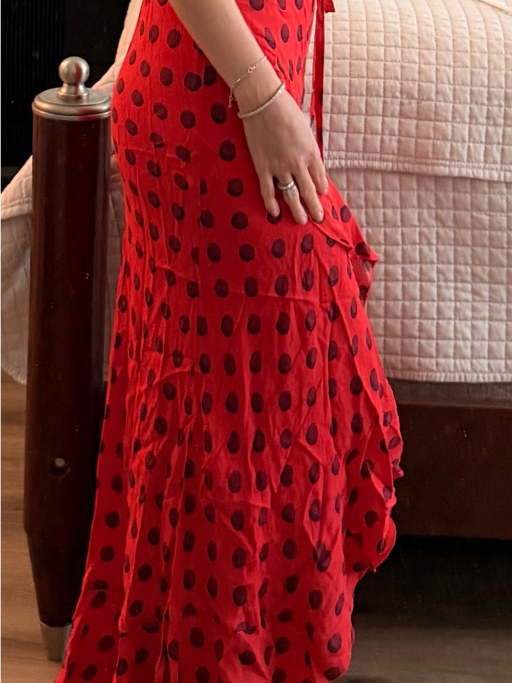 Red Polka Dot Maxi Skirt with Ruffled Tiers - Women's Flowing Silhouette